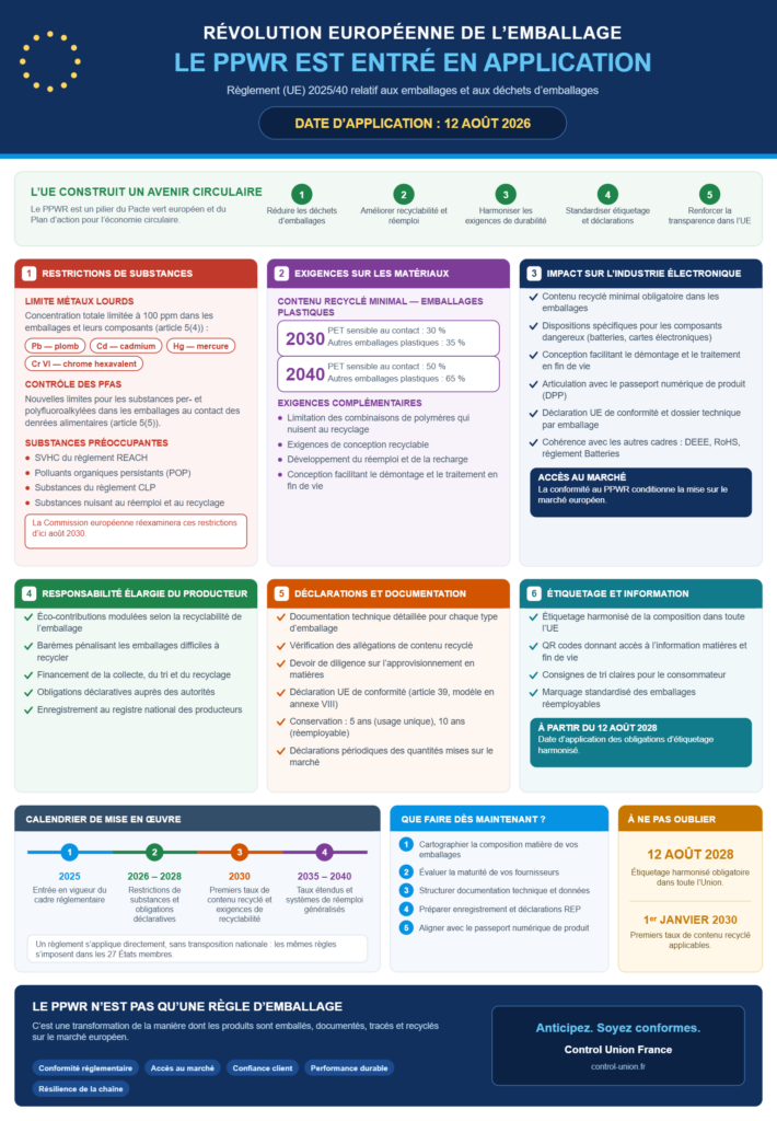 Infographie PPWR en français : règlement (UE) 2025/40 sur les emballages, restrictions de substances, contenu recyclé, REP, étiquetage et calendrier